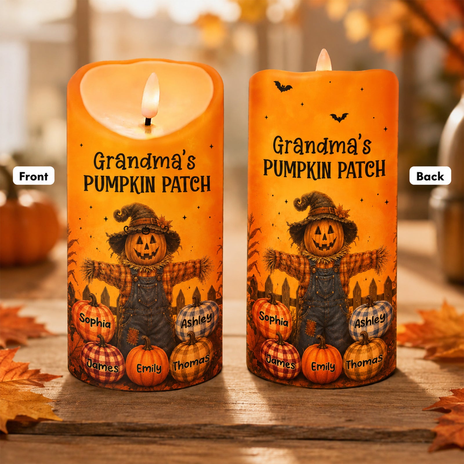 Grandma's Pumpkin Patch Scarecrow - Personalized LED Candle - Fall Season, Halloween Decor For Grandma