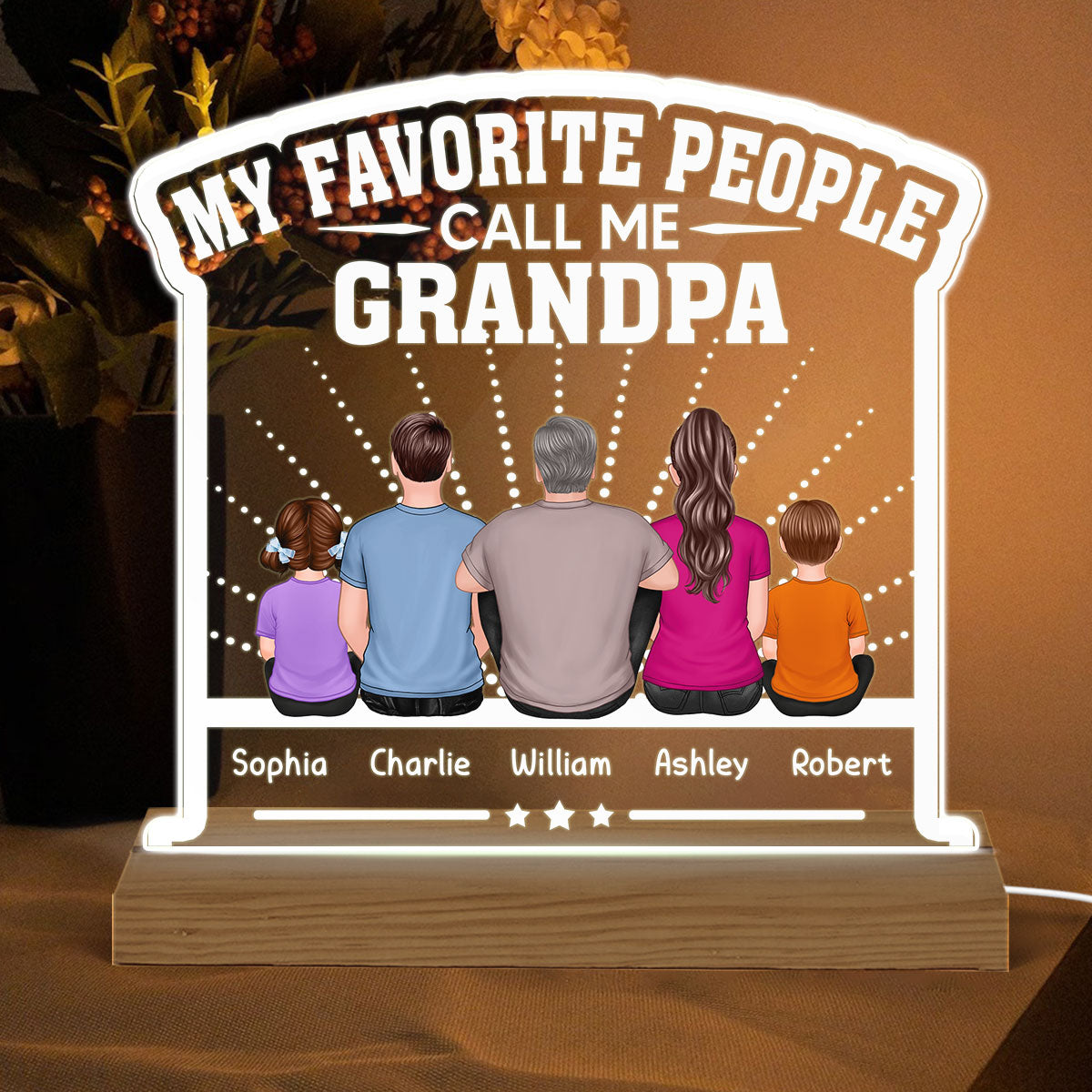 My Favorite People Call Me Grandpa Dad Back View Man Sitting With Kids Personalized Custom Shape Acrylic Plaque Warm LED Night Light