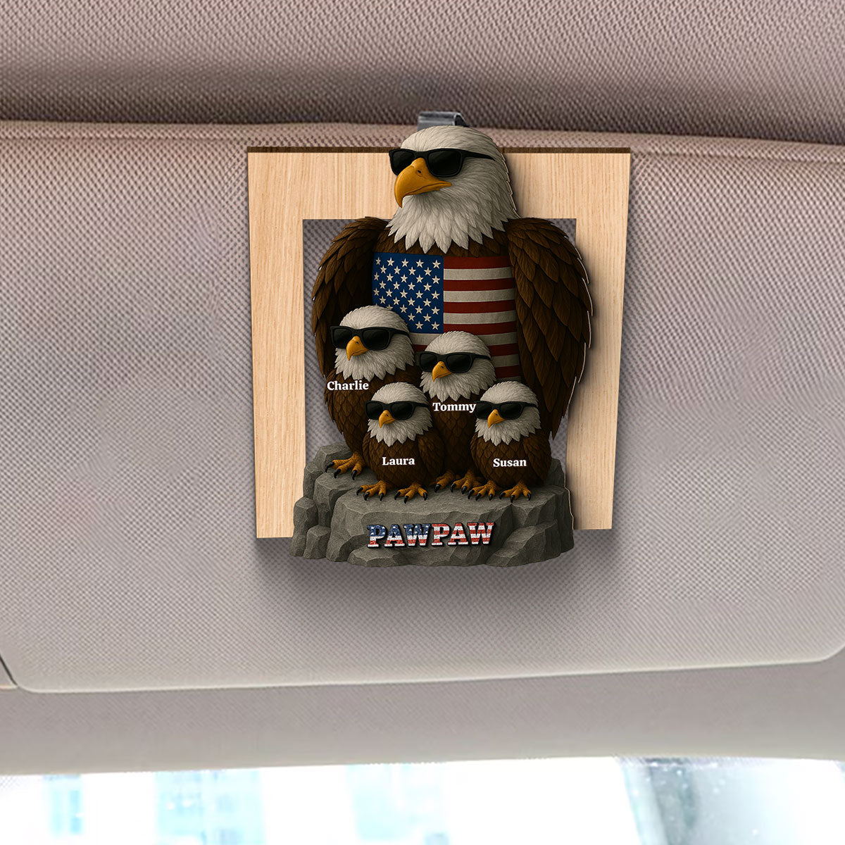 Patriotic Papa Grandpa & Kids Eagle Personalized Car Visor Clip, Car Decoration, Perfect 2025 Father's Day Gift For Dad, For Grandpa