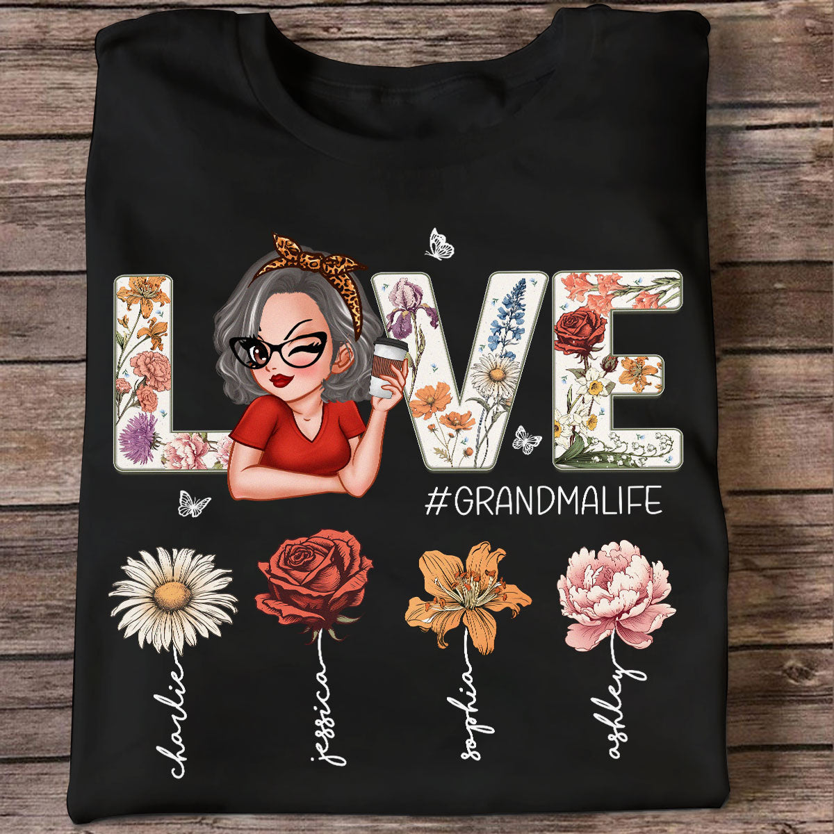 Love Grandma Life Vintage Birth Flowers With Kids Names Personalized Shirt