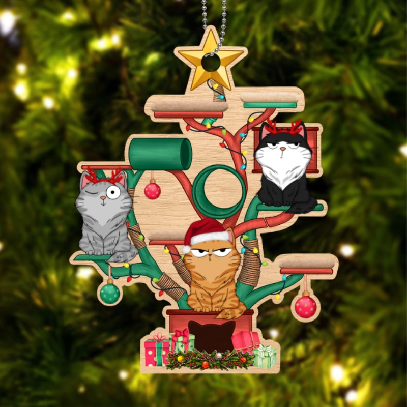 Christmas Cat Tower Funny Cats Expression Personalized Wooden Ornament