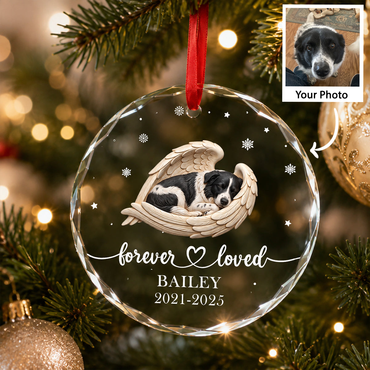 Custom Photo Sleeping Dog Cat Angel - Personalized Glass Ornament - Heartfelt Memorial Keepsake for Loved Ones