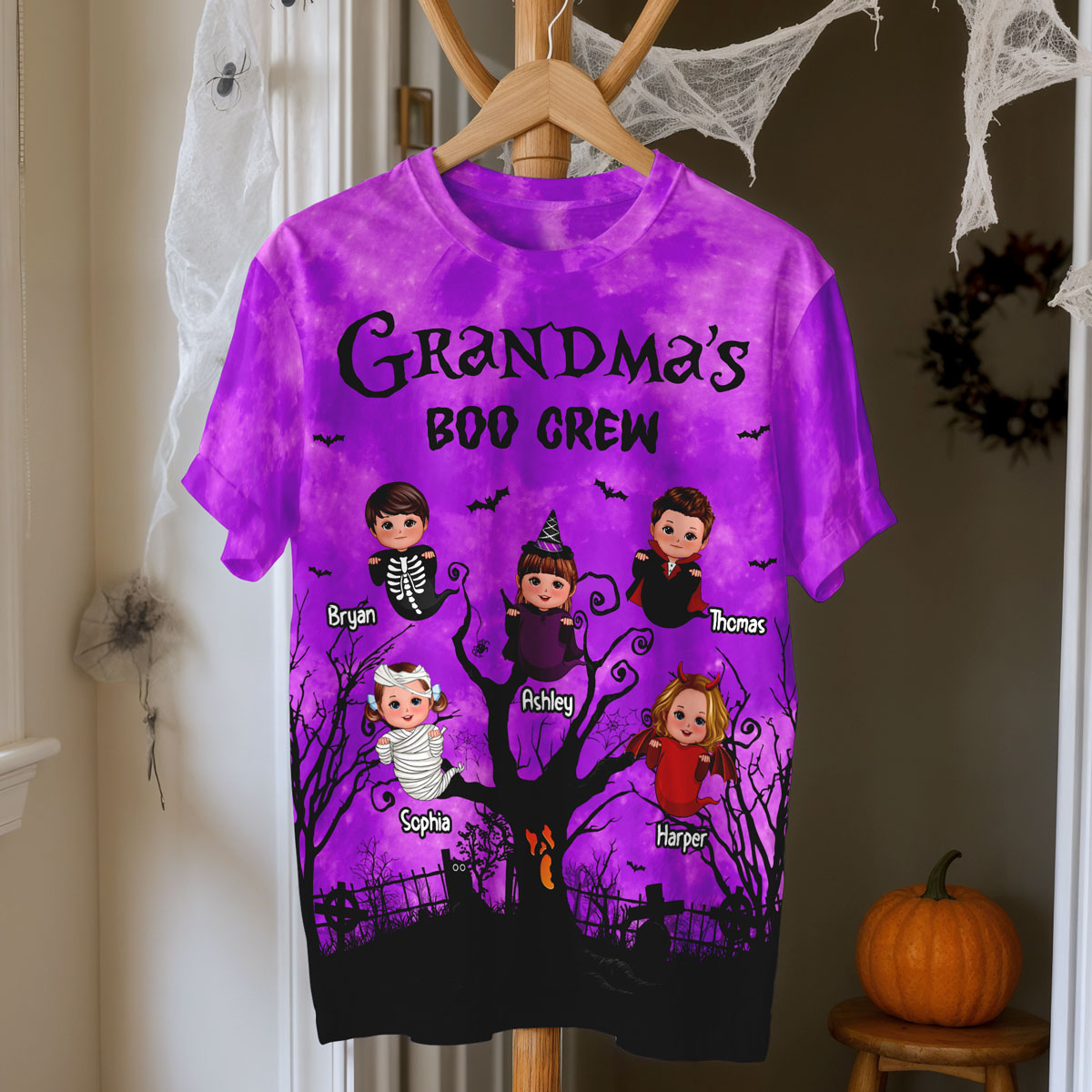 Grandma's Boo Crew Moon Bat Tree Theme Personalized Shirt, Perfect Halloween Costume for Grandma