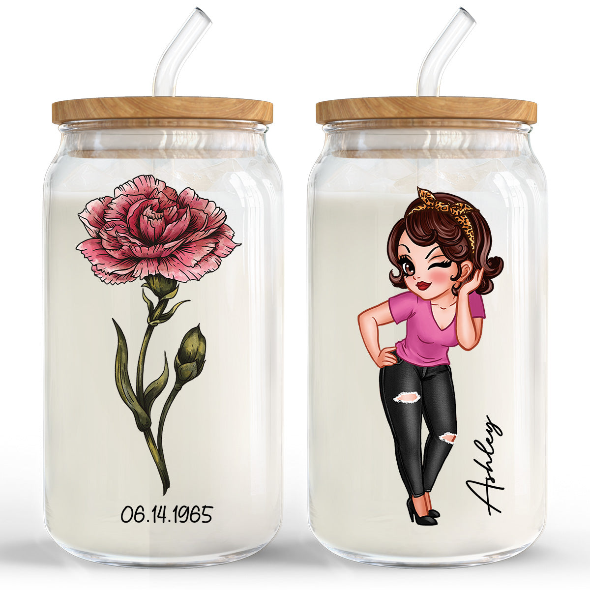 Vintage Birth Flower With Name & Birth Day Gift For Mom Grandma Pretty Woman Personalized Clear Glass Can