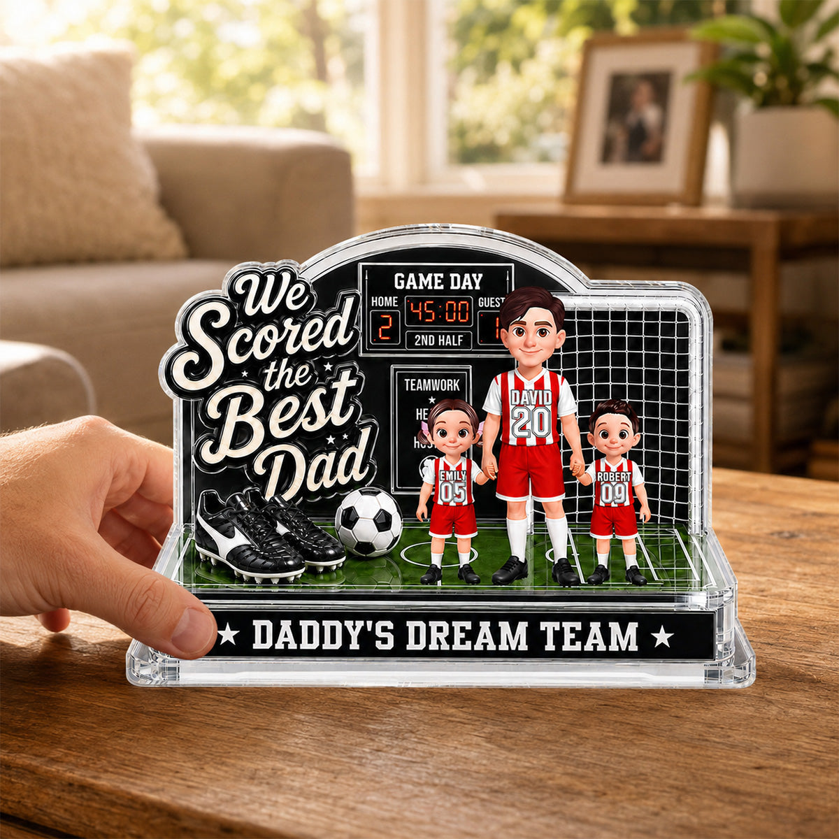 Soccer Dad & Kids On Court 2D Flat - Personalized Acrylic Block Plaque - Father's Day Gift For Soccer Dad, UK Football Dad