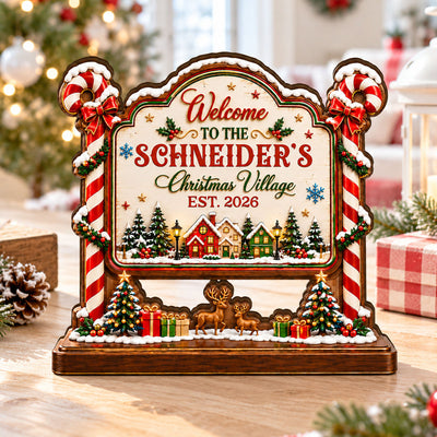 Candy Cane Christmas Village Holiday Decor - Personalized Wooden Block Plaque - Christmas Gift for Family, Parents & Grandparents.