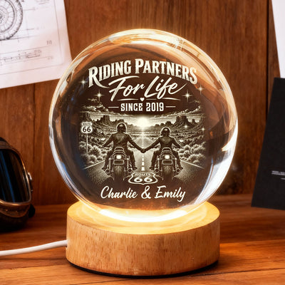Biker Couple Riding Partners For Life - Personalized Crystal Ball LED Night Light - Christmas Gift For Biker Couple, For Him, For Her, For Husband, For Wife
