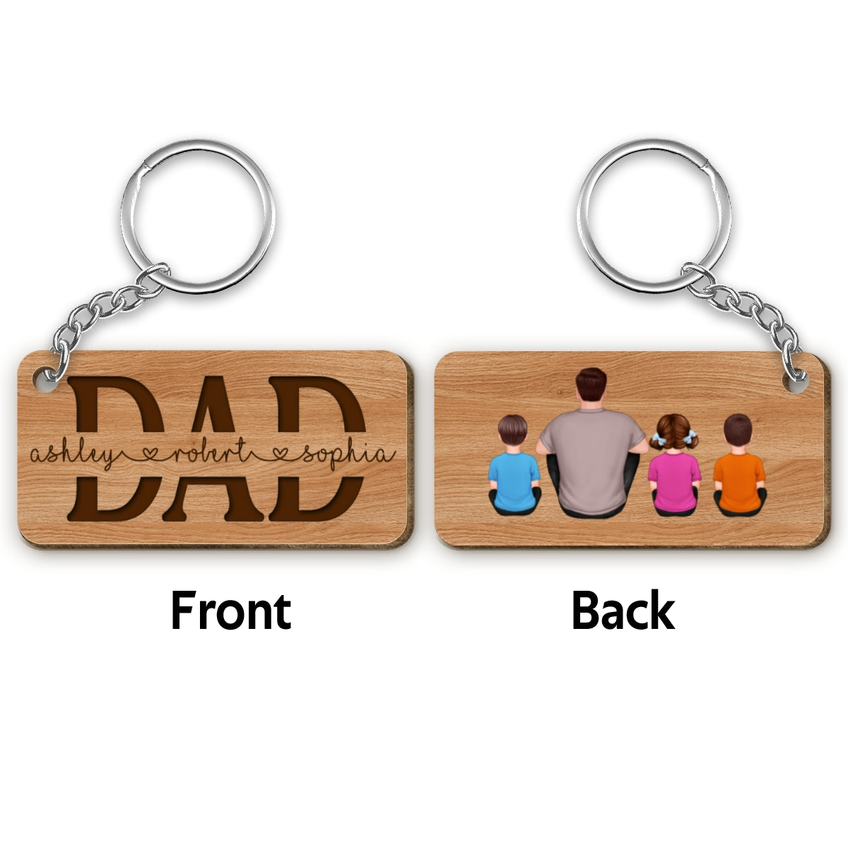 Dad We Love You Back View Sitting Man & Kids Personalized Wooden Keychain