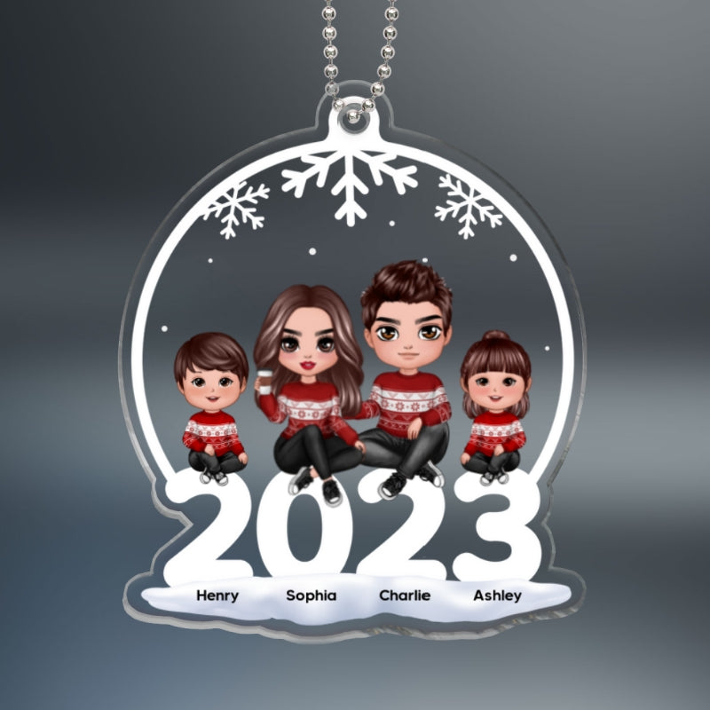 Doll Family Sitting On 2023 Snow Globe Shaped Personalized Acrylic Ornament