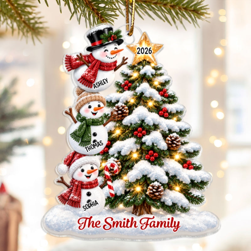 Snowman Family Grandkids Christmas Tree - Personalized Acrylic Ornament - Gift For Boys, Girls