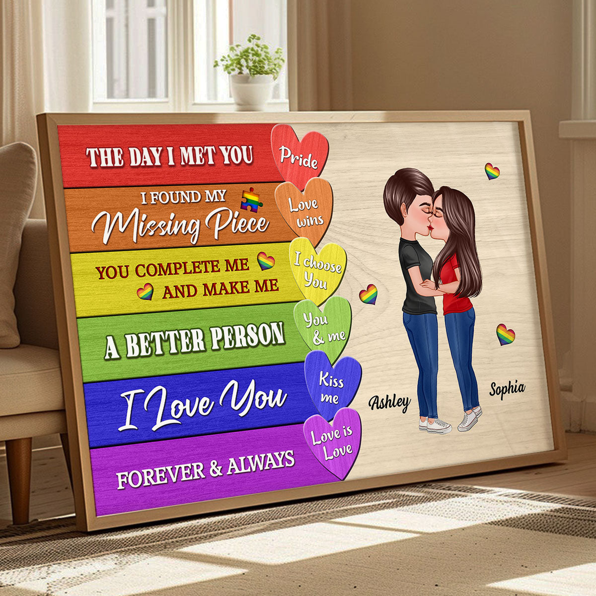 Couple Kissing Colorful Woods Pallete Personalized Poster, Pride Month gift