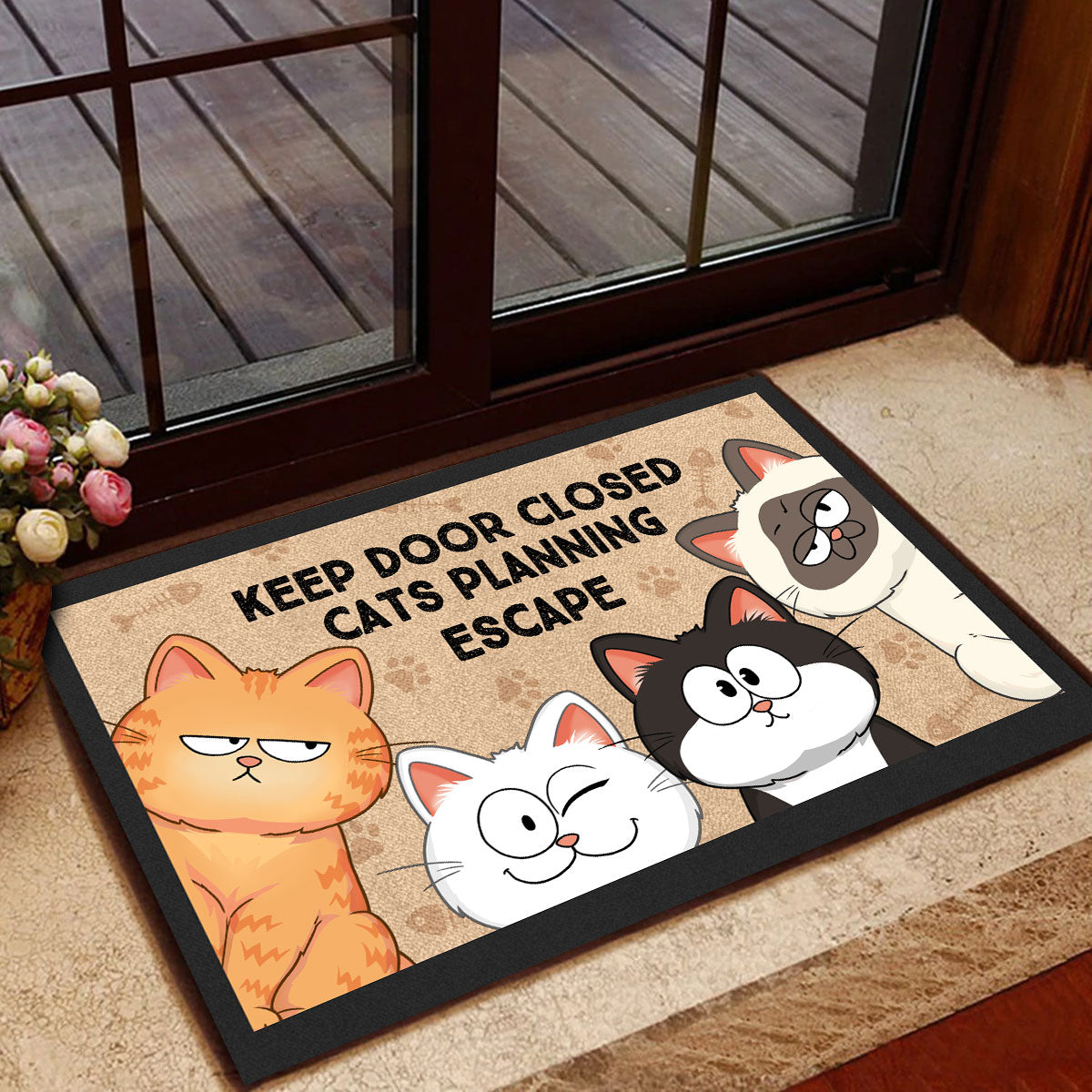 Cats Planning Escape Adorable Cat Sitting Personalized Doormat