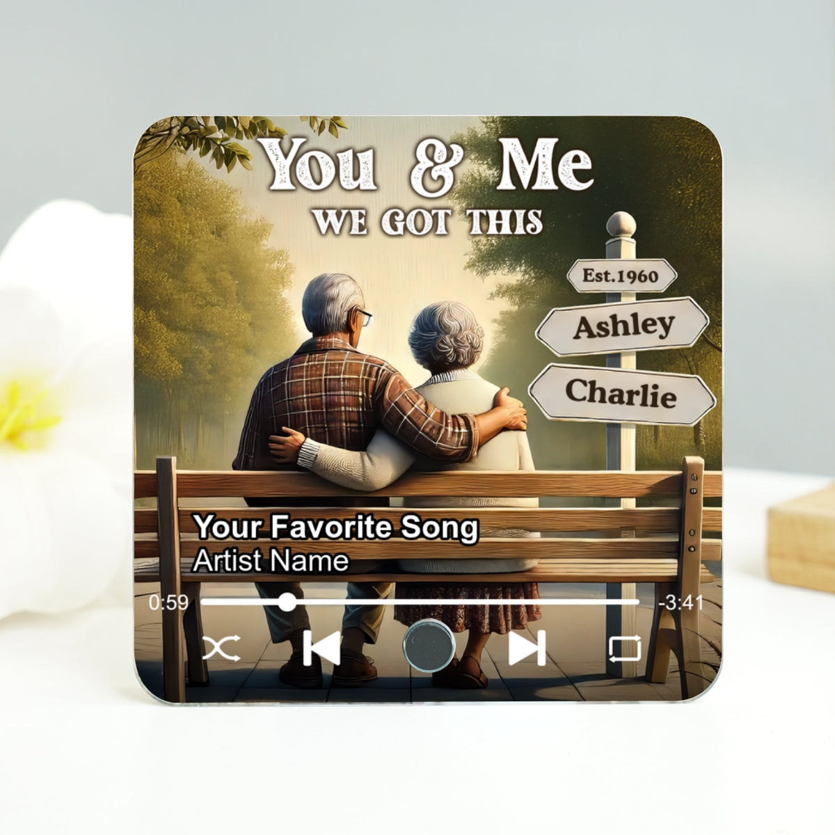Old Couple Sitting On The Bench Personalized Music Fridge Magnet, Heartfelt Gift For Couple, For Him, For Her, Boyfriend, Girlfriend, Husband, Wife