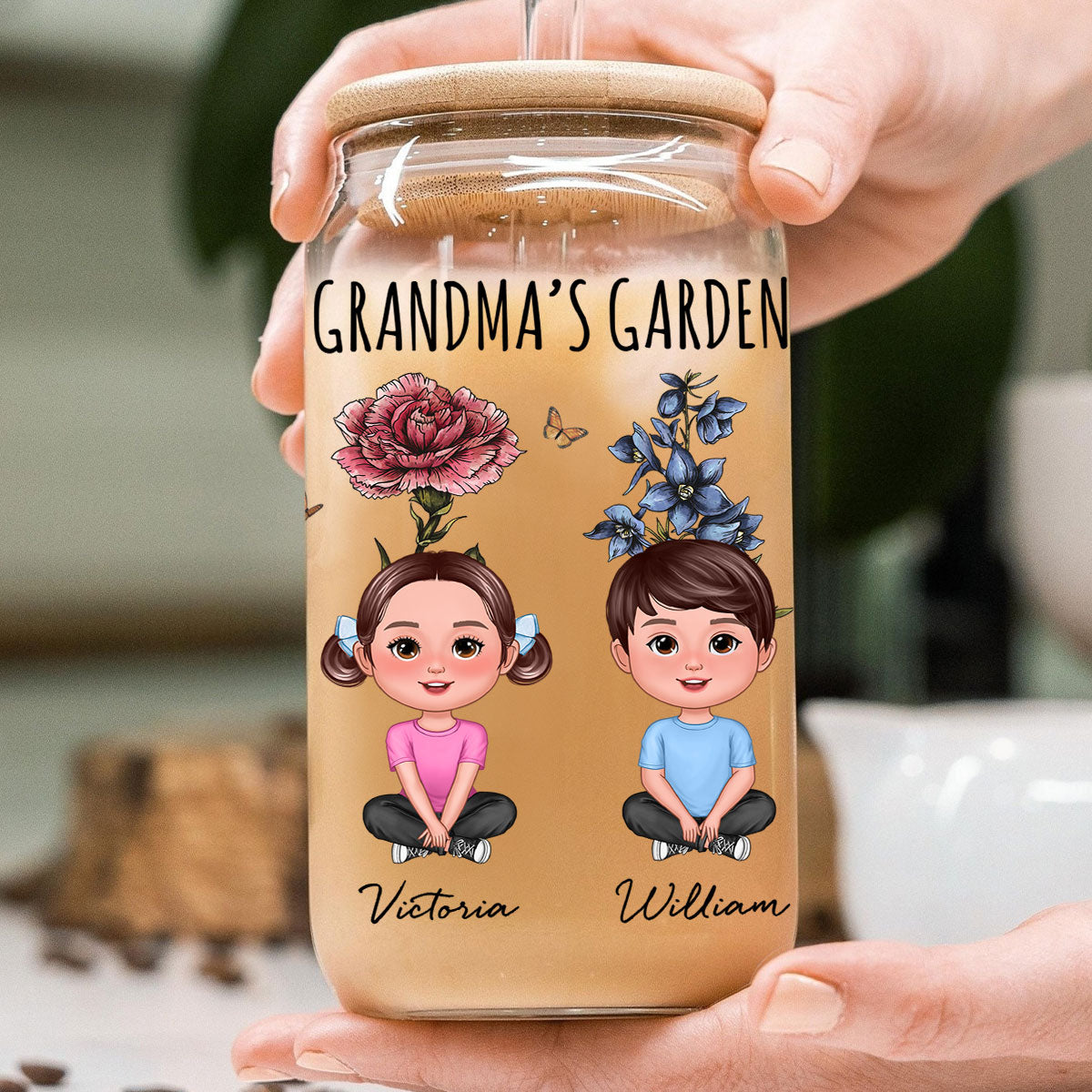 Gift For Grandma Grandma‘s Garden Cute Kids With Beautiful Vintage Birth Flower Behind Personalized Clear Glass Can