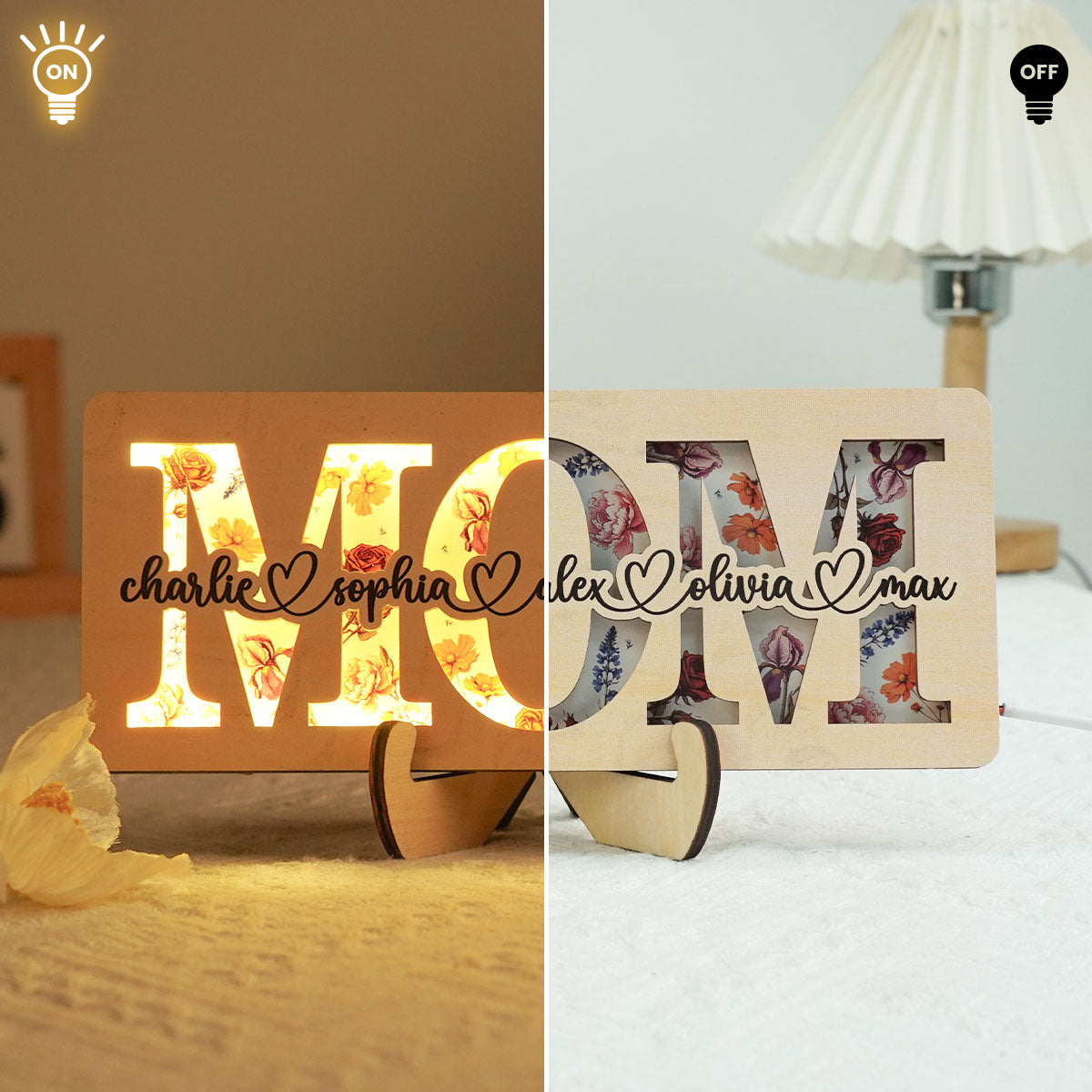 Personalized Mom Birth Month Flowers, Gift for Mom, Mom 2-Layer Wooden Plaque With LED, Mom Gifts from Kids