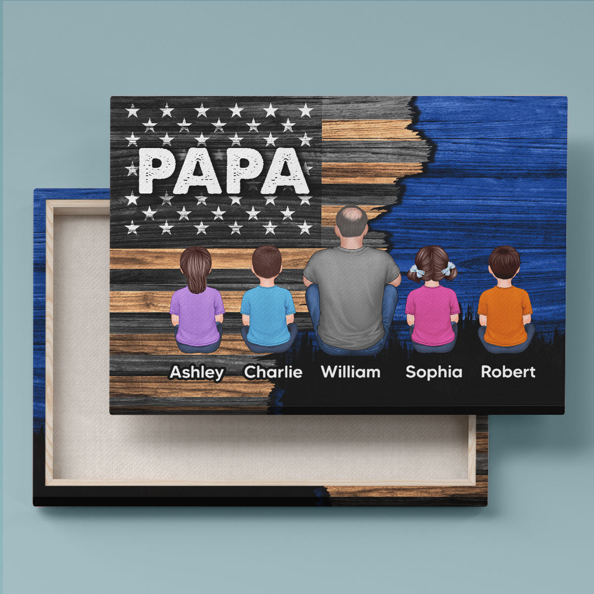 Dad Grandpa Papa Back View Sitting With Kids Half Nation Flag Personalized Canvas