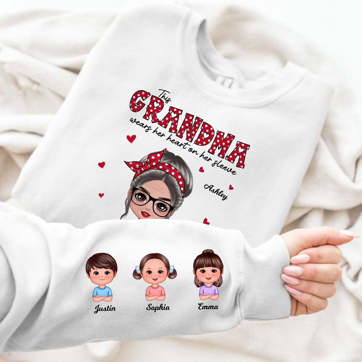 This Grandma Wears Her Heart On Her Sleeve Polka Dot Pattern Personalized Sleeve Printed Sweatshirt