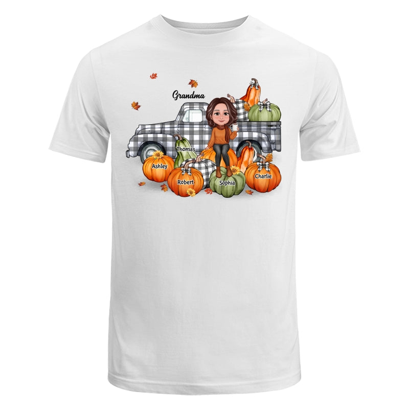 Grandma Mom Buffalo Plaid Truck And Pumpkins Fall Season Personalized Shirt