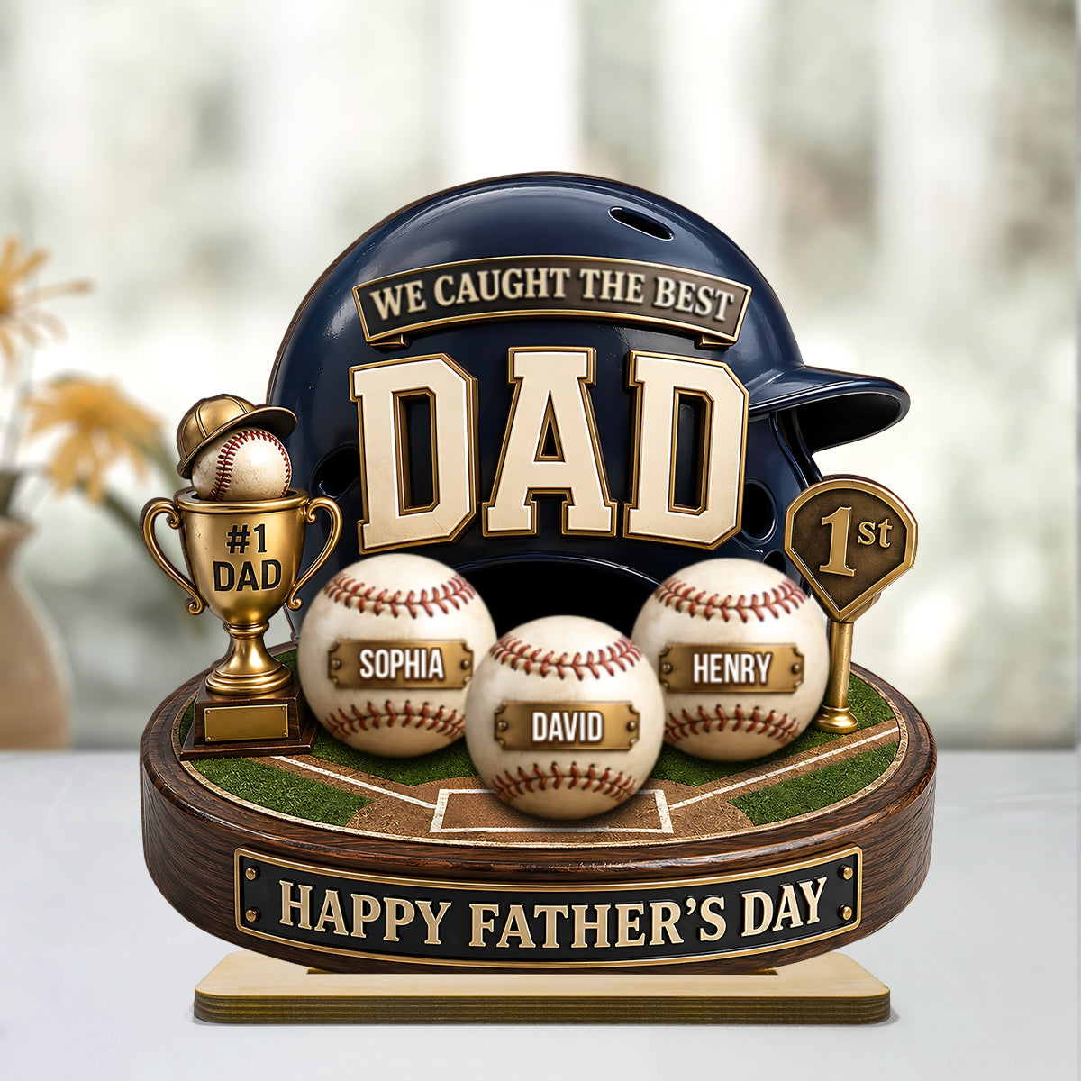Baseball Trophy We Caught The Best Dad - Personalized 2-Layered Wooden Plaque - Father's Day Gift For Dad, Husband