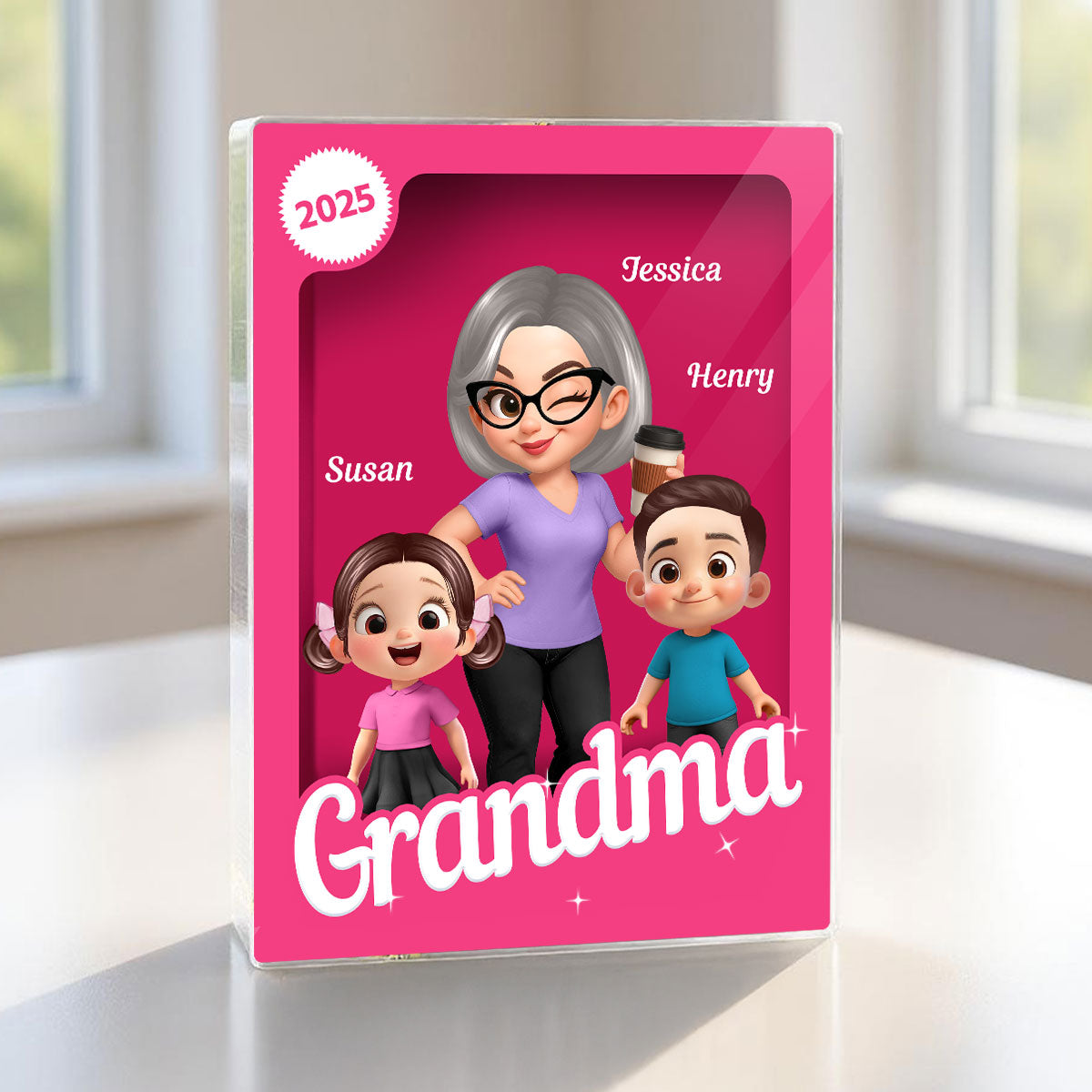 Grandma Grandkids 3D Effect Pink Action Figure Personalized Acrylic Block
