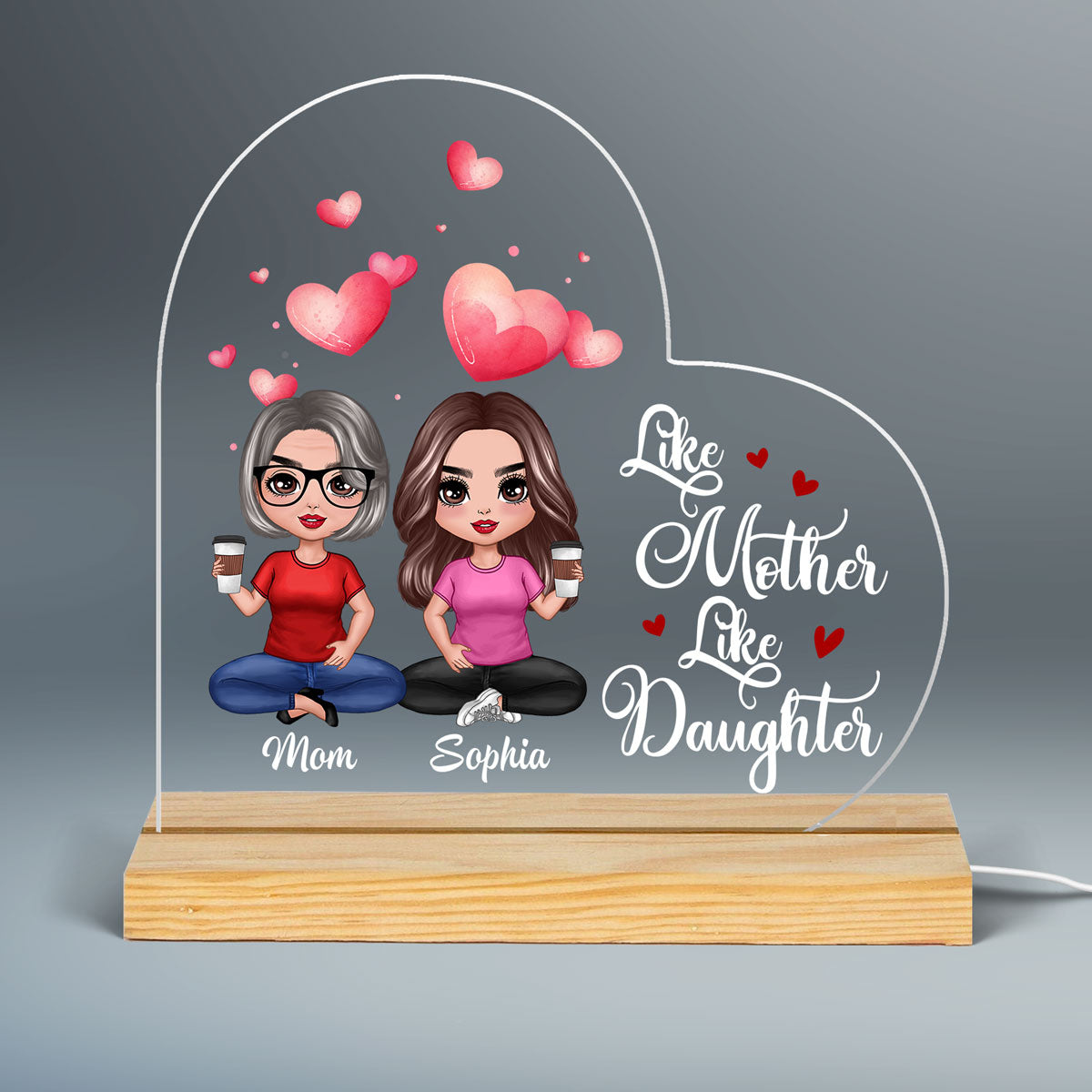Watercolor Hearts Doll Mom And Daughters Sitting Personalized Custom Shape Acrylic Plaque LED Night Light