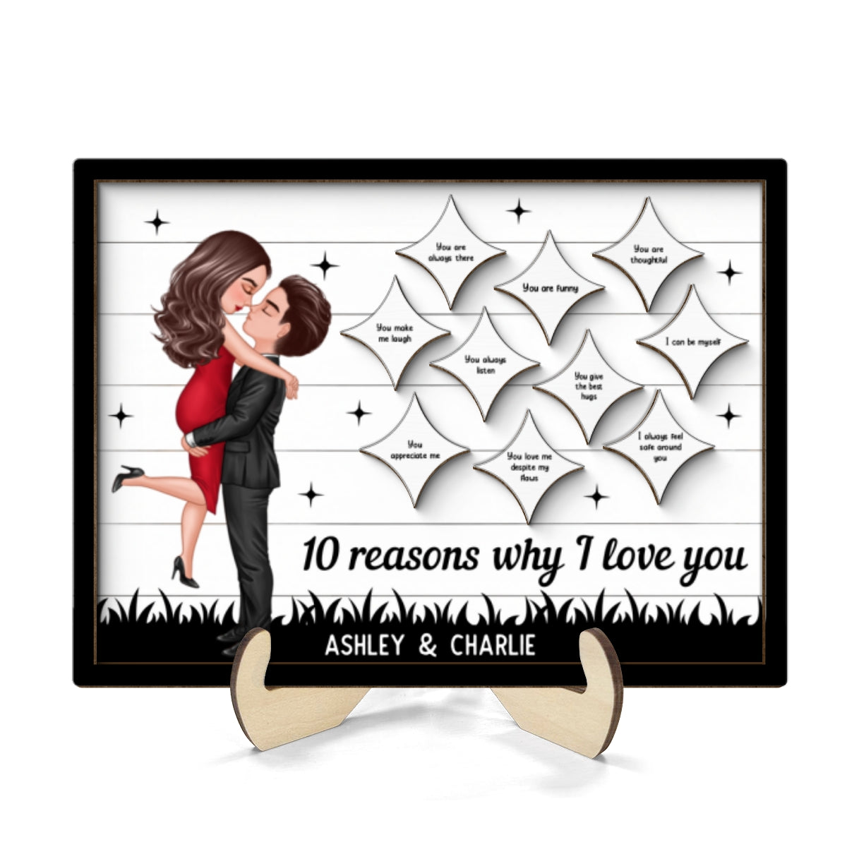 Couple Kissing Star Sky Reasons I Love You Personalized 2-layer Wooden Plaque