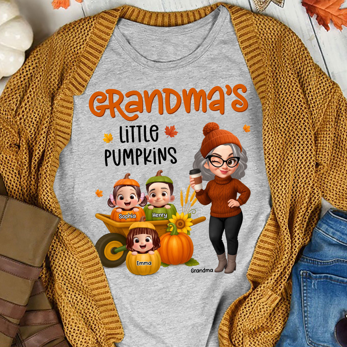 Grandma's Litttle Pumpkins Pretty Grandma And Kids Personalized Shirt, Fall Season gift