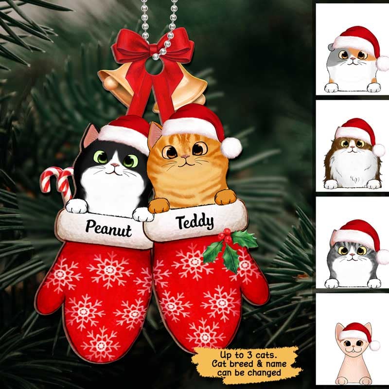 Peeking Cats On Christmas Gloves Personalized Wooden Ornament