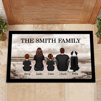 Retro Vintage Family Sitting Beach Landscape Personalized Doormat