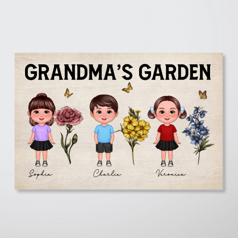 Grandma‘s Garden Cute Grandkids Standing With Beautiful Vintage Birth Flowers Personalized Poster