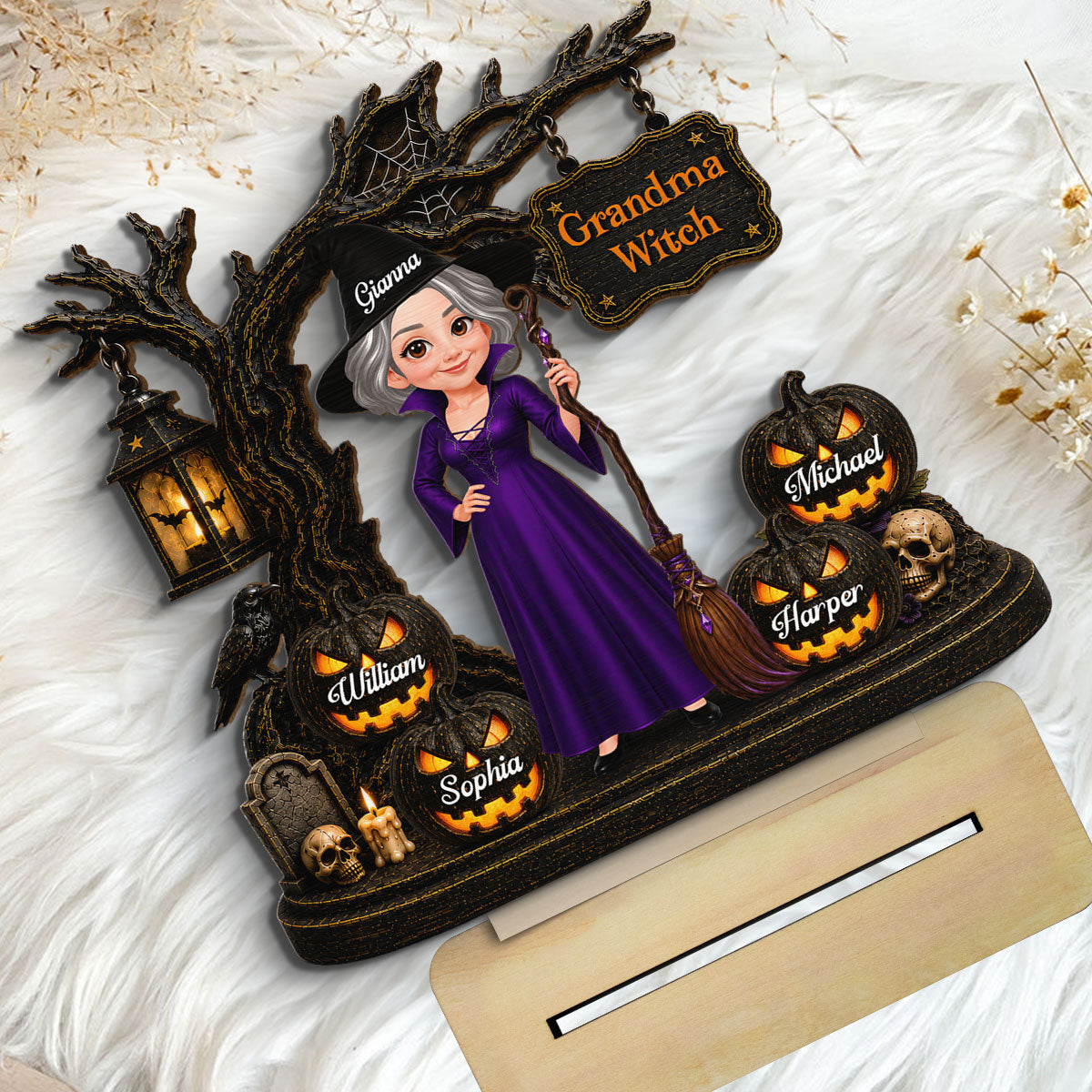 Grandma Witch With Grandkids Jack-O’-Lanterns - Personalized Wooden Plaque - Spooky Halloween Gift For Grandma