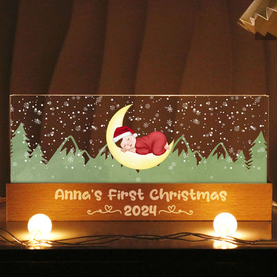 First Christmas Newborn Baby Sleeping On Moon Personalized LED Night Light