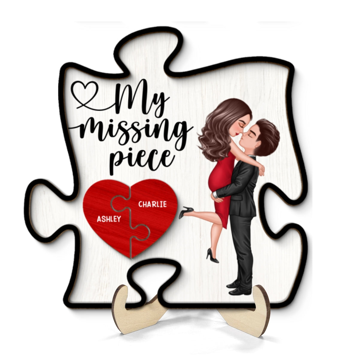 My Missing Piece Couple Hugging Kissing Puzzle Shaped - Personalized 2-Layered Wooden Plaque - Anniversary Gift For Couple, For Dad Mom