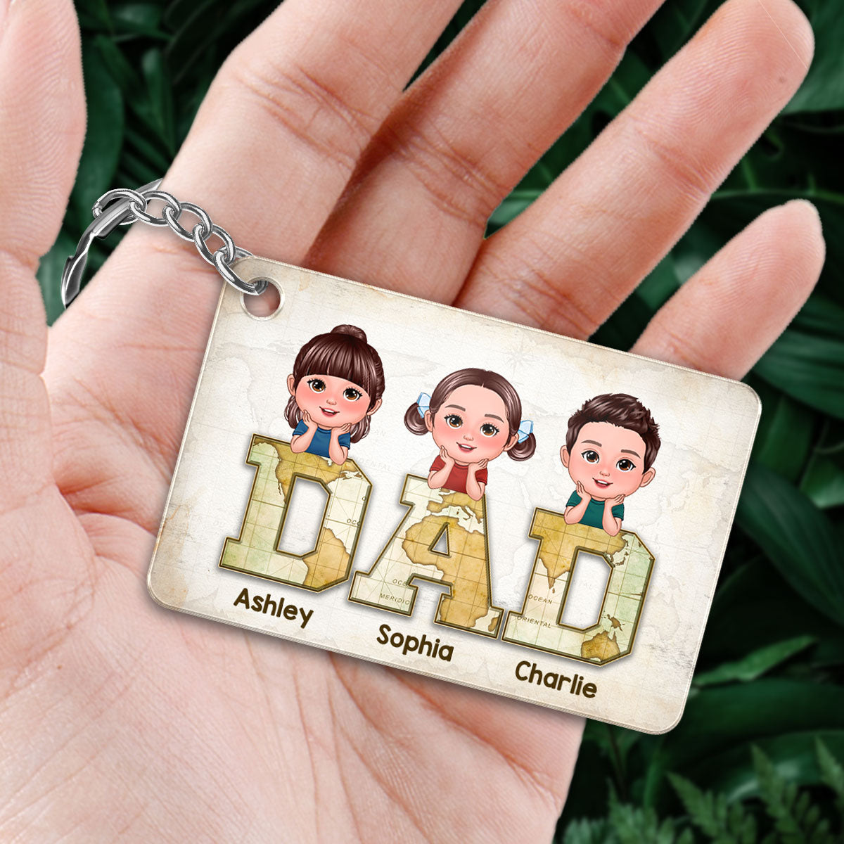 Pretty Doll Kids On Dad World Map Text Personalized Acrylic Keychain