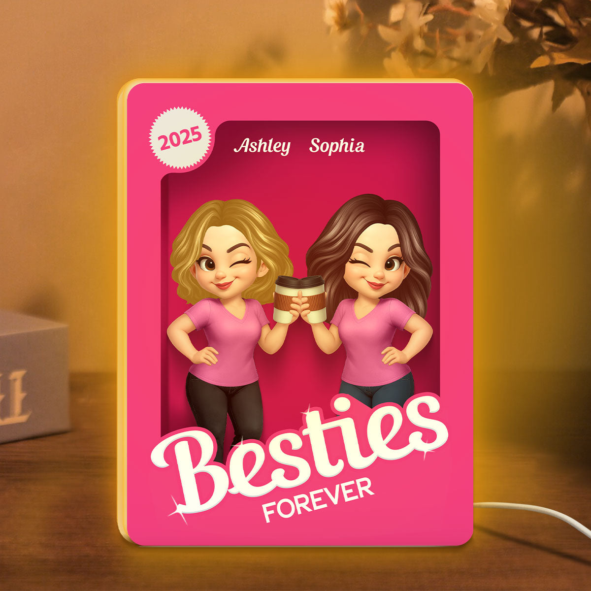 Besties Partners In Crime Pink Action Figure 3D Effect Personalized Light Box