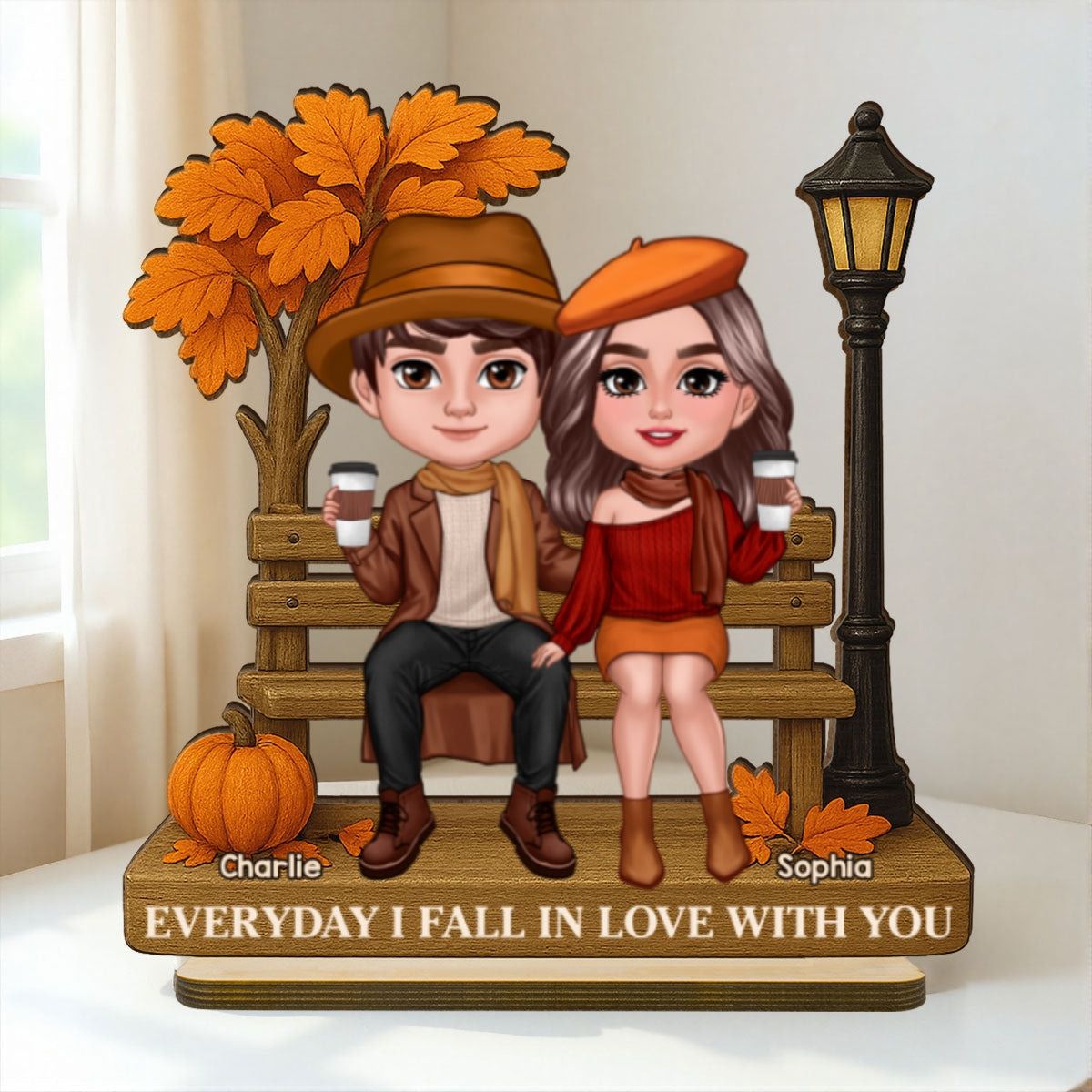 3D Effect Fall Season Couple Sitting On The Bench Personalized 2-Layer Standing Wooden Plaque