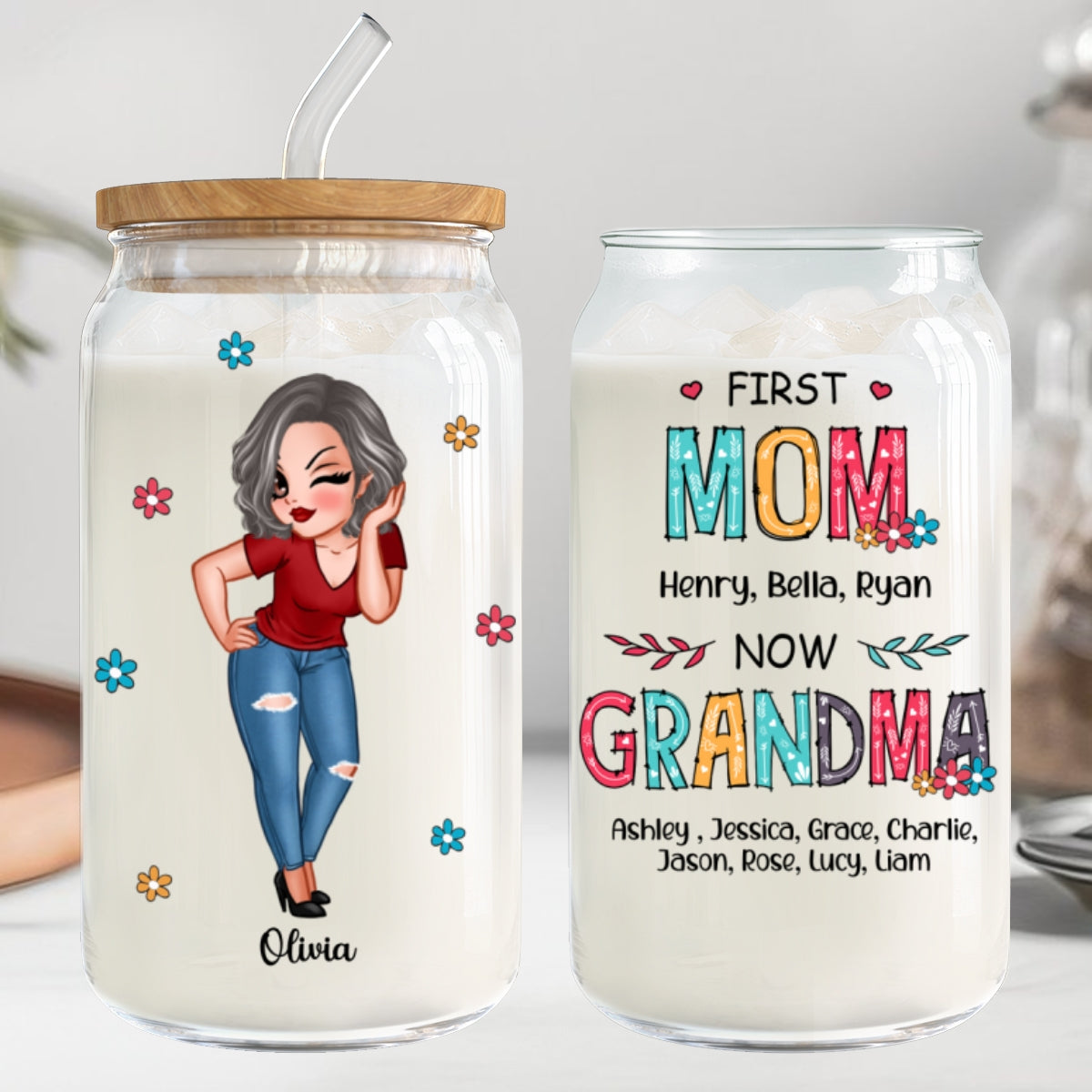 First Mom Now Grandma Personalized Clear Glass Can