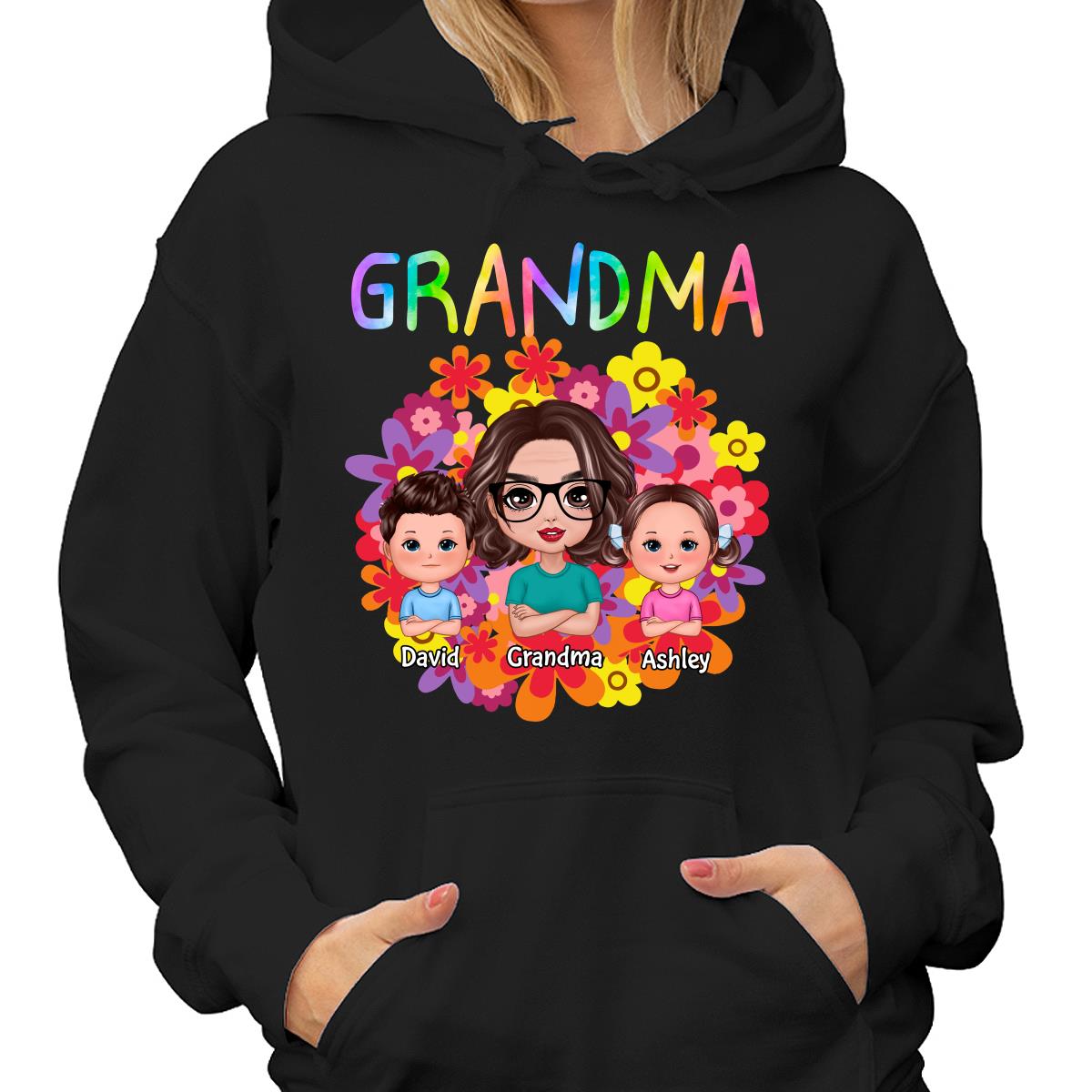 Colorful Flowers Doll Grandma With Grandkids Personalized Shirt
