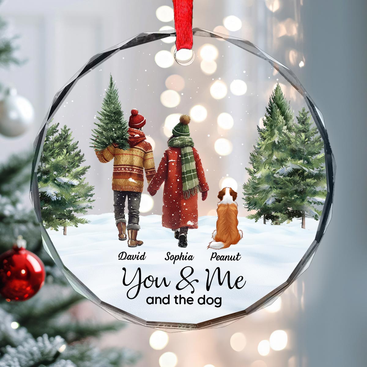 Couple You & Me And The Dog In Snowy Christmas Personalized Glass Ornament