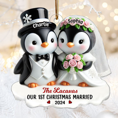3D Effect Penguins Just Married Couple Groom & Bride Wedding First Christmas Together Personalized Acrylic Ornament