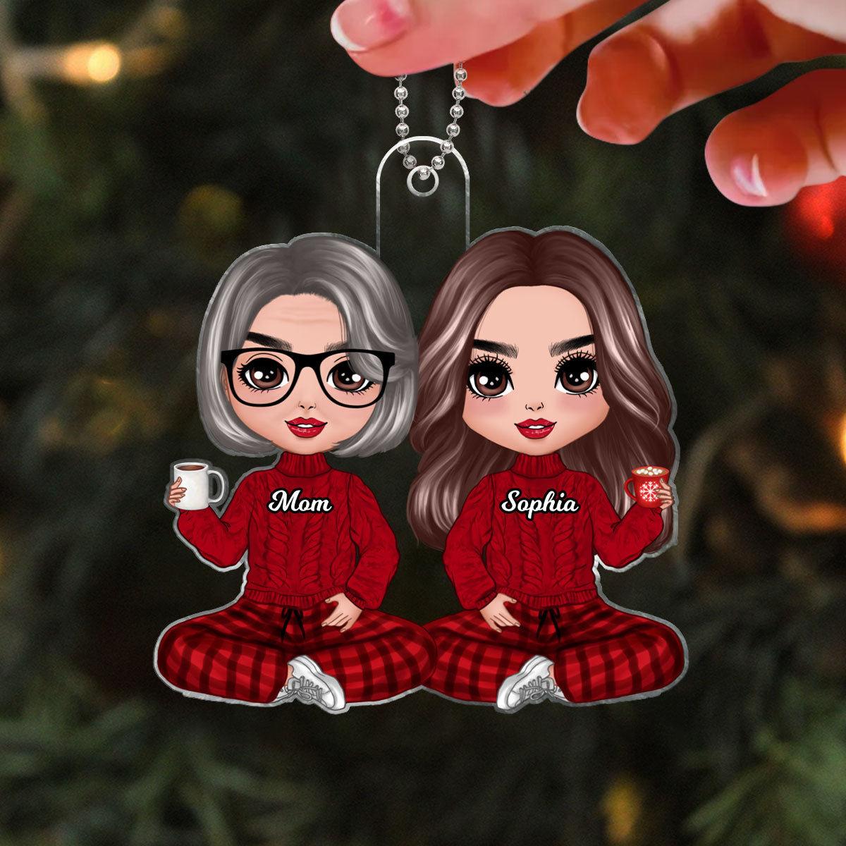 Christmas Doll Mom Daughter Sitting Personalized Acrylic Ornament