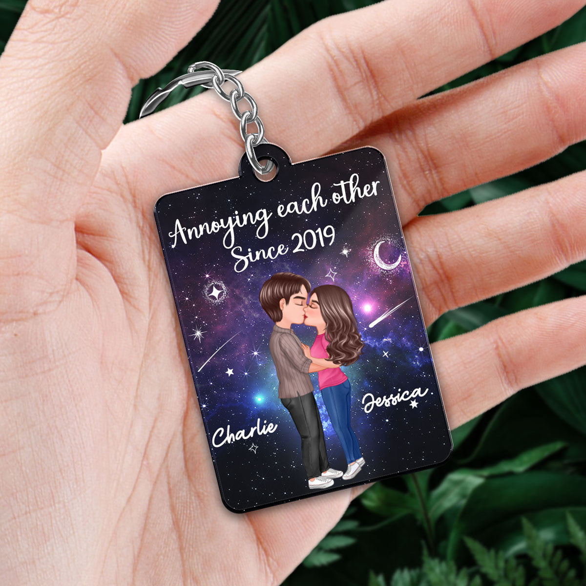 Doll Couple Kissing In Galaxy Night Favorite Song Scannable QR Code Personalized Acrylic Keychain