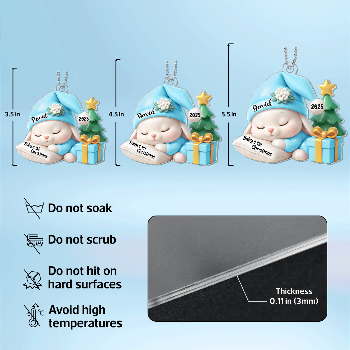 Baby's 1st Christmas Sleeping Bunny in Soft Pajamas Personalized Acrylic Ornament, Christmas Keepsake for New Mom, Dad