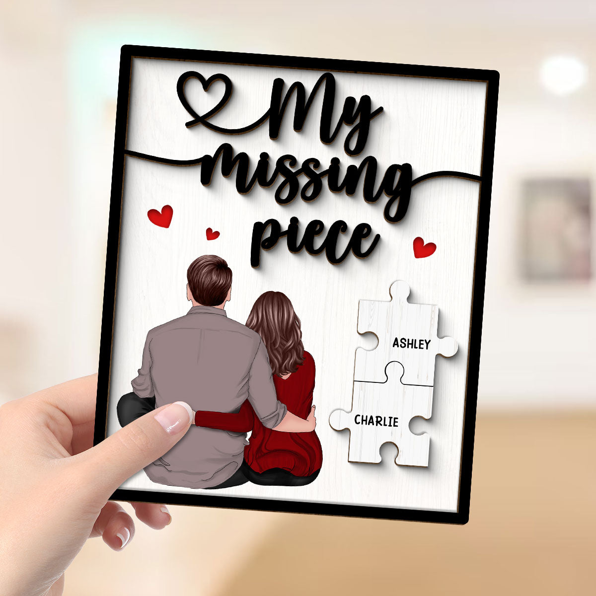 My Missing Piece Couple Sitting Back View Valentine‘s Day Gift For Her Gift For Him Personalized 2-Layer Wooden Plaque