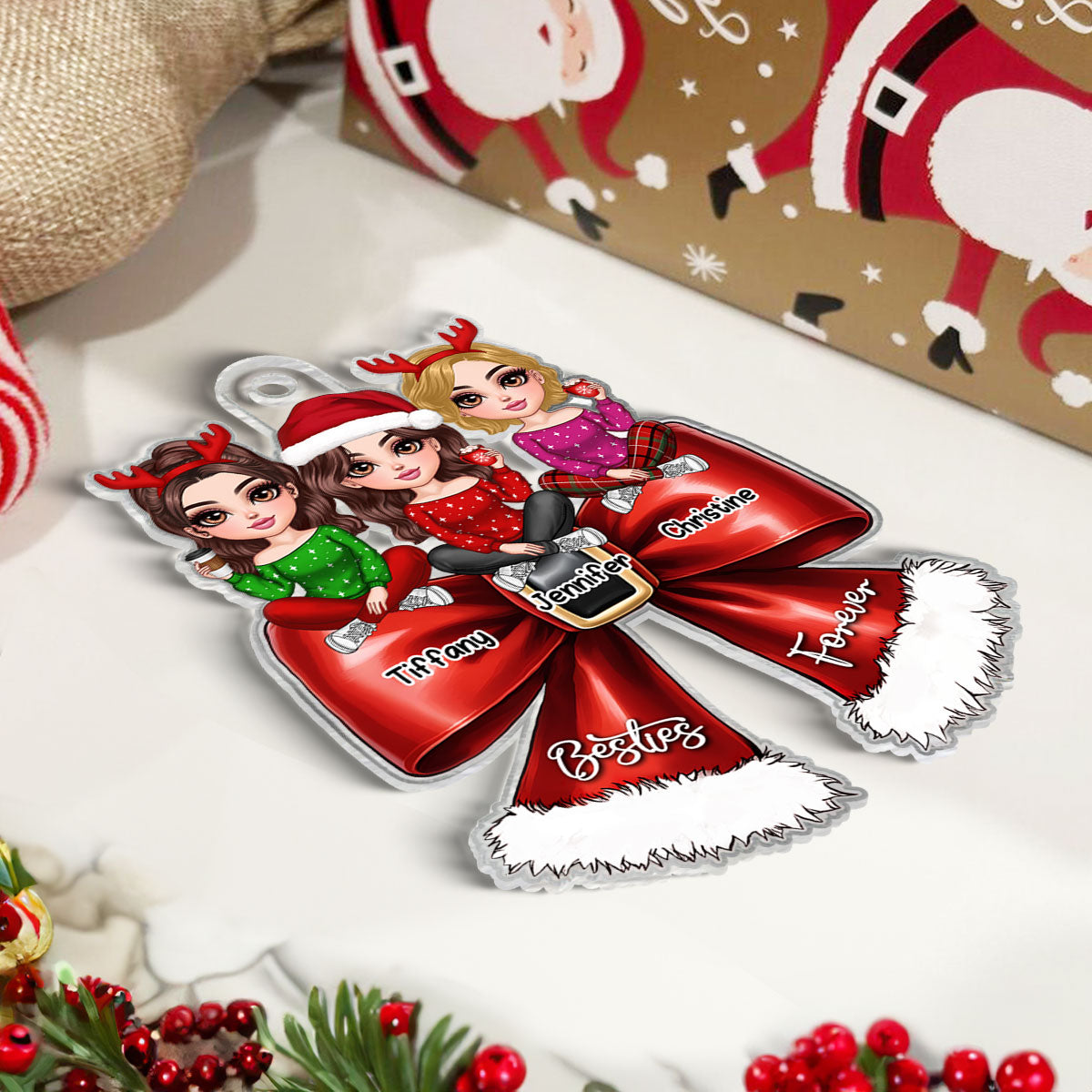 Christmas Coquette Bow Best Friends Personalized Acrylic Ornament, Christmas Gift For Besties
