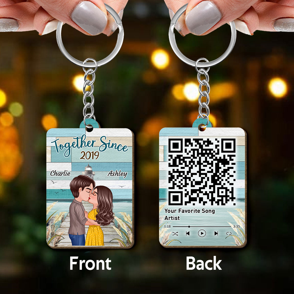 Green Color Palette Doll Couple Kissing On The Bridge Favorite Song Scannable QR Code Personalized Wooden Keychain