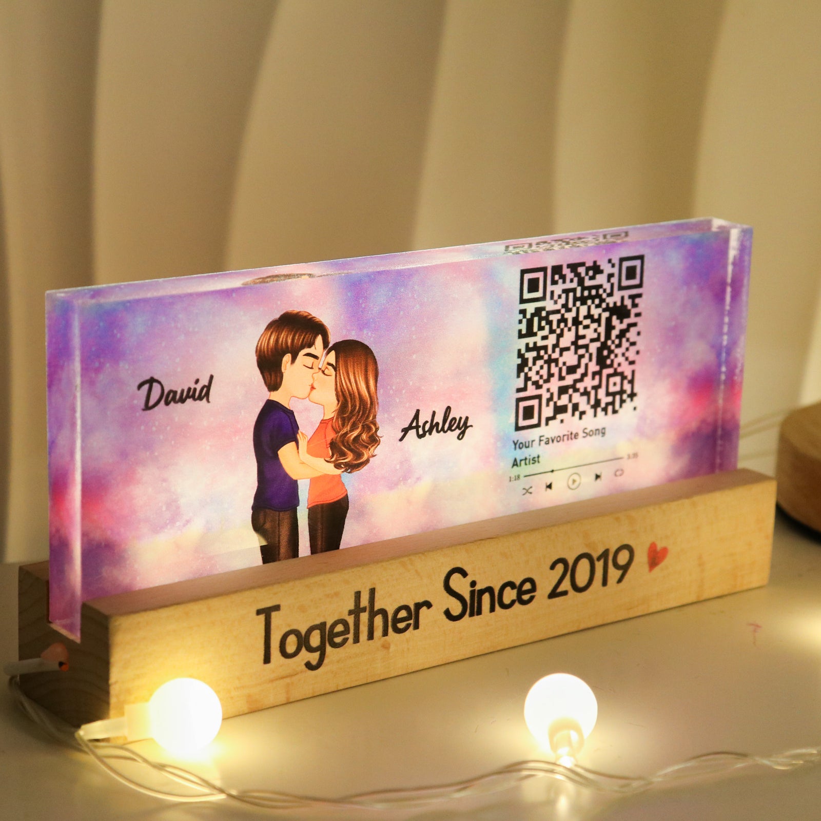 Couple Kissing, Favorite Song Scannable QR Code Personalized Acrylic LED Night Light, Anniversary, Just Because Gift For Her, Gift For Him
