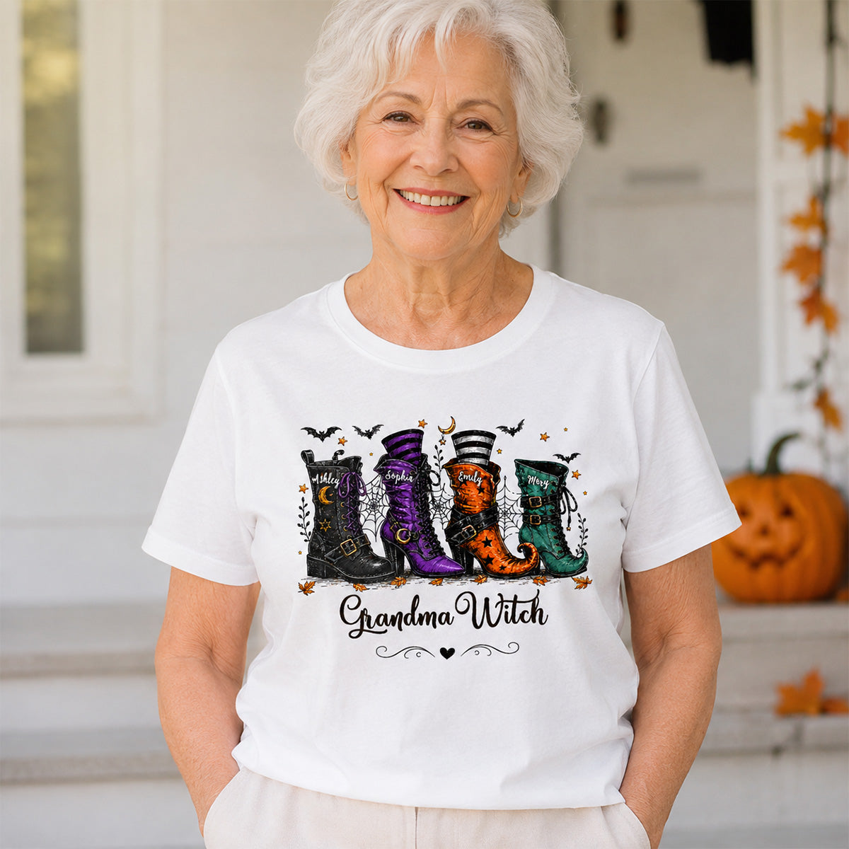 Grandma Witch Boots With Grandkids’ Names – Personalized Shirt – Halloween Gift For Grandma