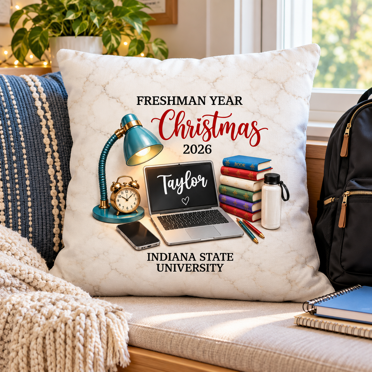 Freshman Year Christmas Study Desk – Personalized Pillow – College Student Christmas Gift, First Year Keepsake