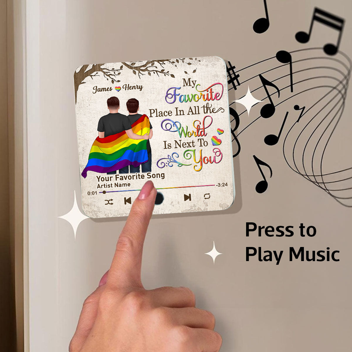 Favorite Place In The World LGBT Couple Standing Back View Personalized Music Fridge Magnet